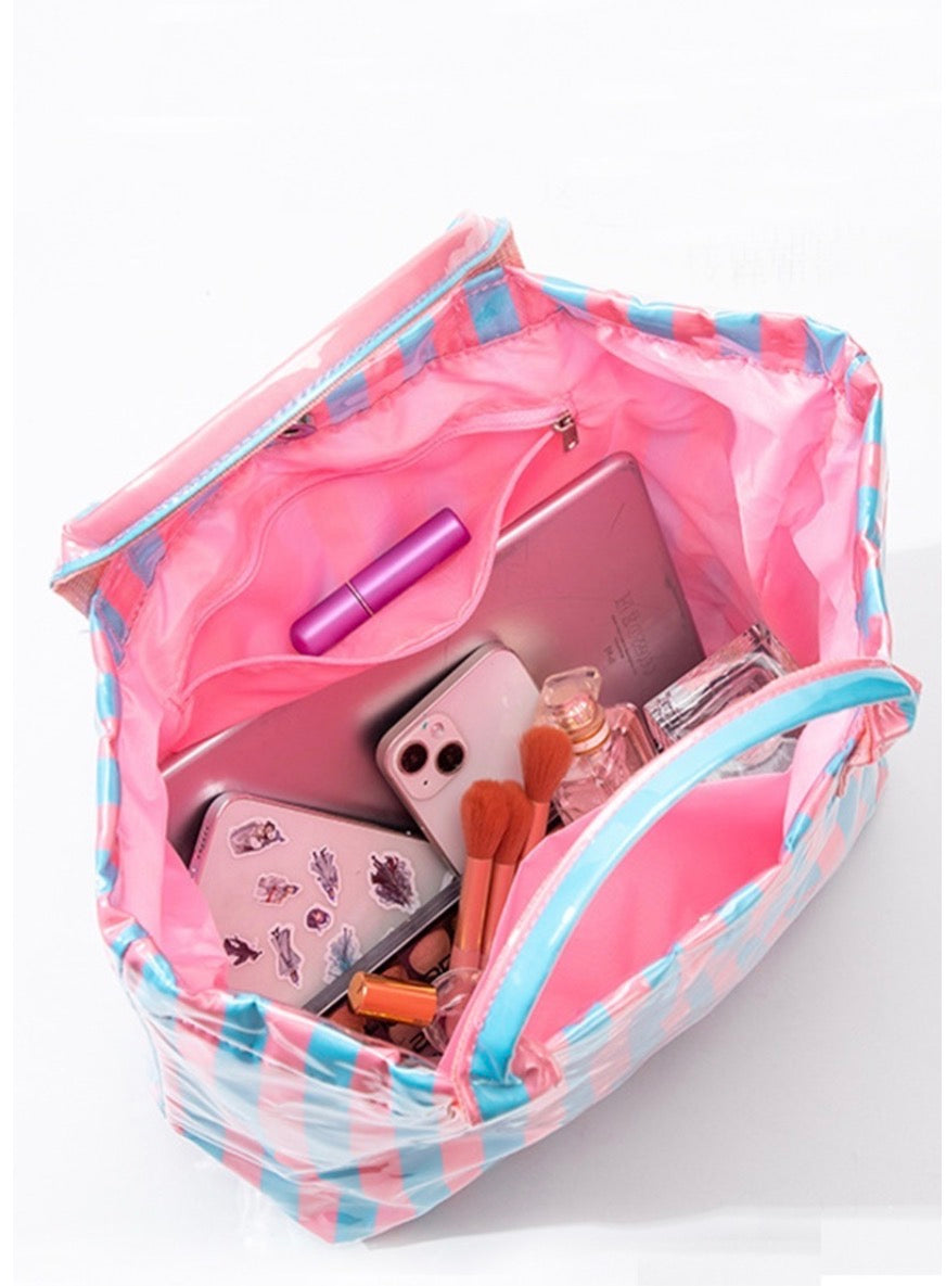 Large capacity striped pvc tote bag- pink/blue