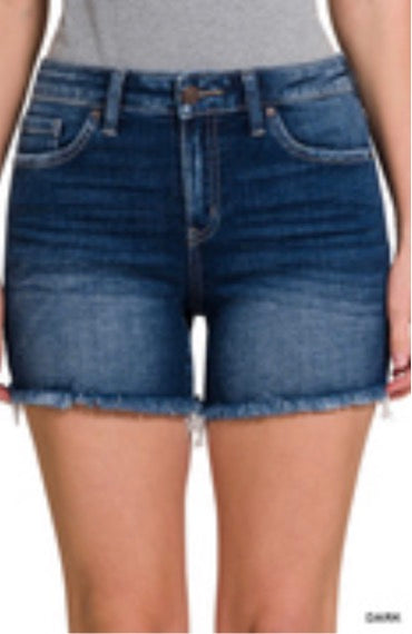 Mid rise raw frayed hem denim shorts