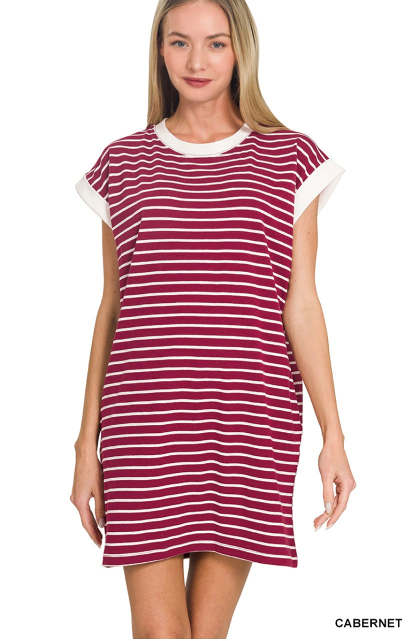 Striped contrast trim rib banded t-shirt dress- Cabernet