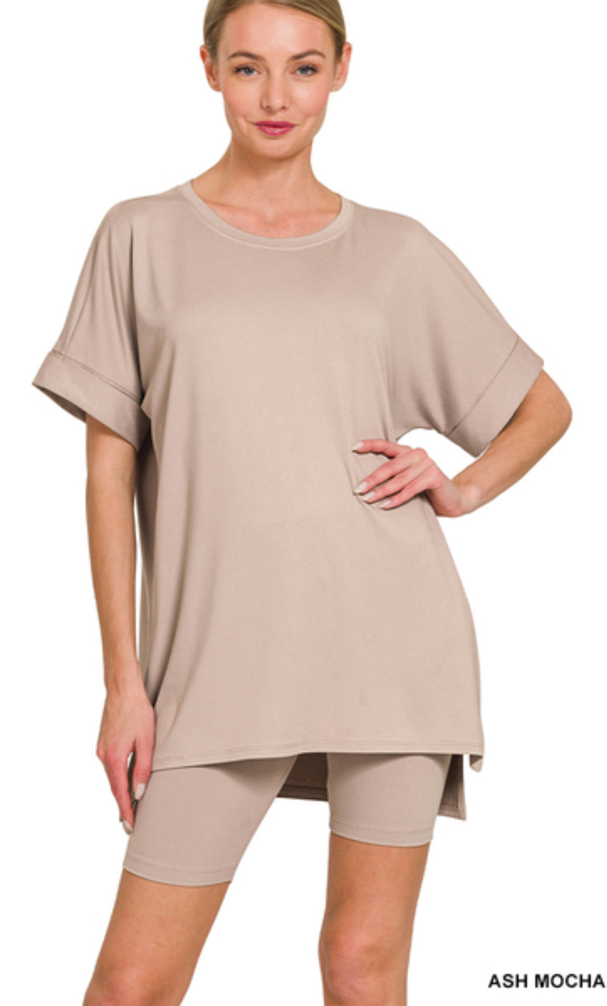 Brushed DTY microfiber roundneck top & biker shorts- Ash mocha