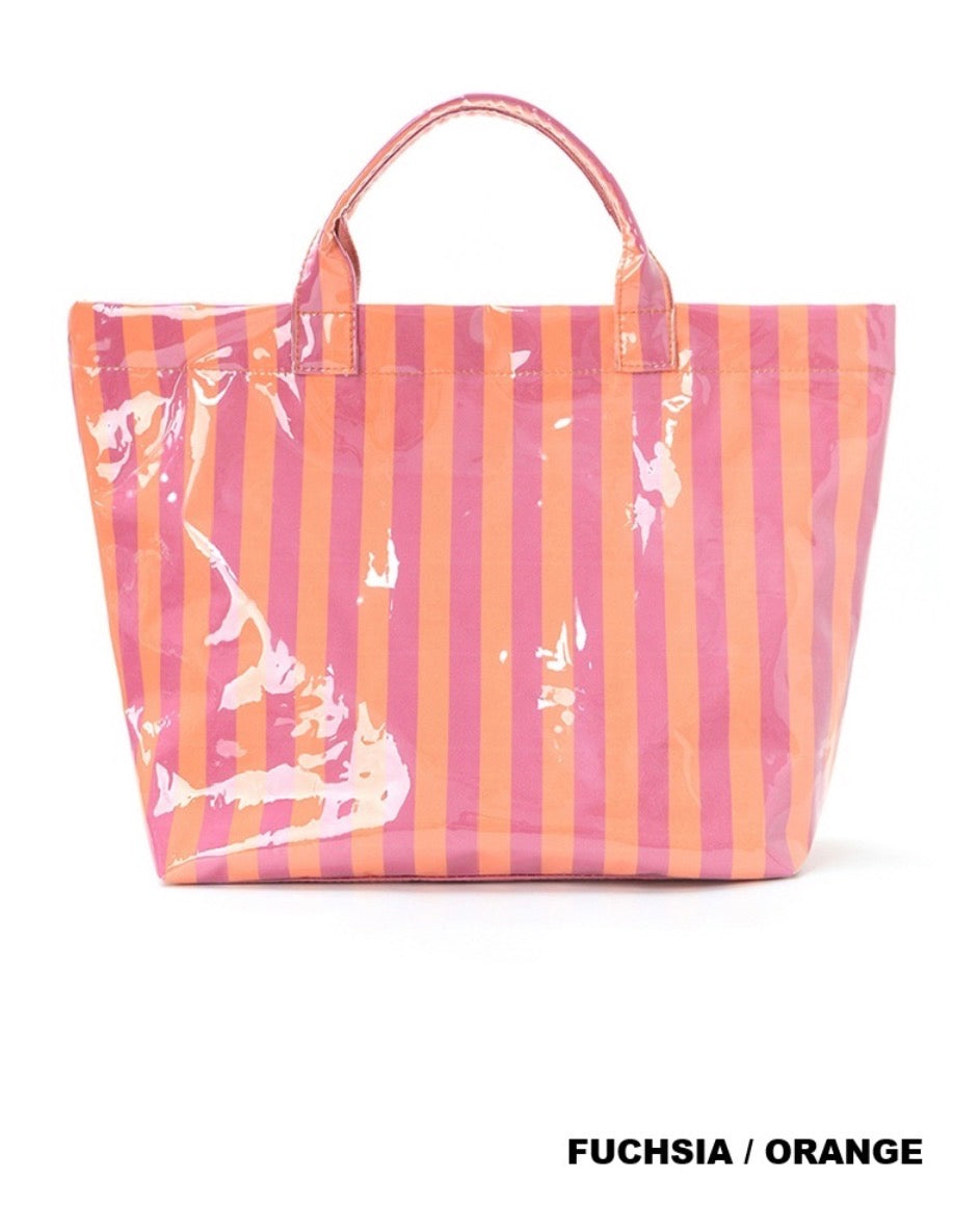 Large capacity striped pvc tote bag- fuchsia/orange