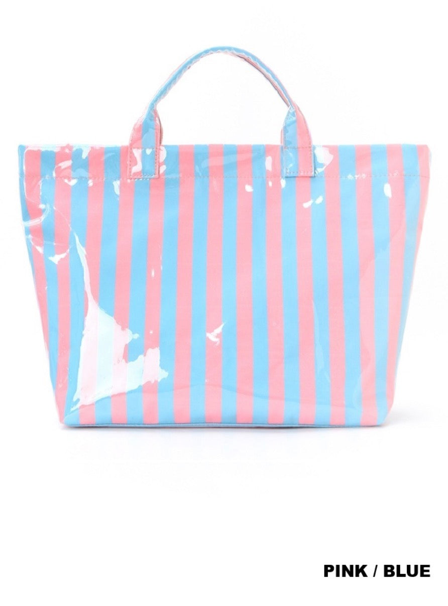 Large capacity striped pvc tote bag- pink/blue