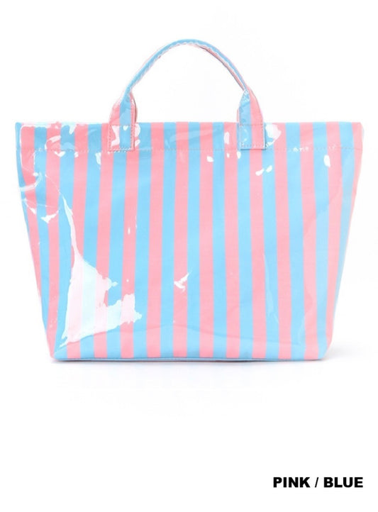 Large capacity striped pvc tote bag- pink/blue