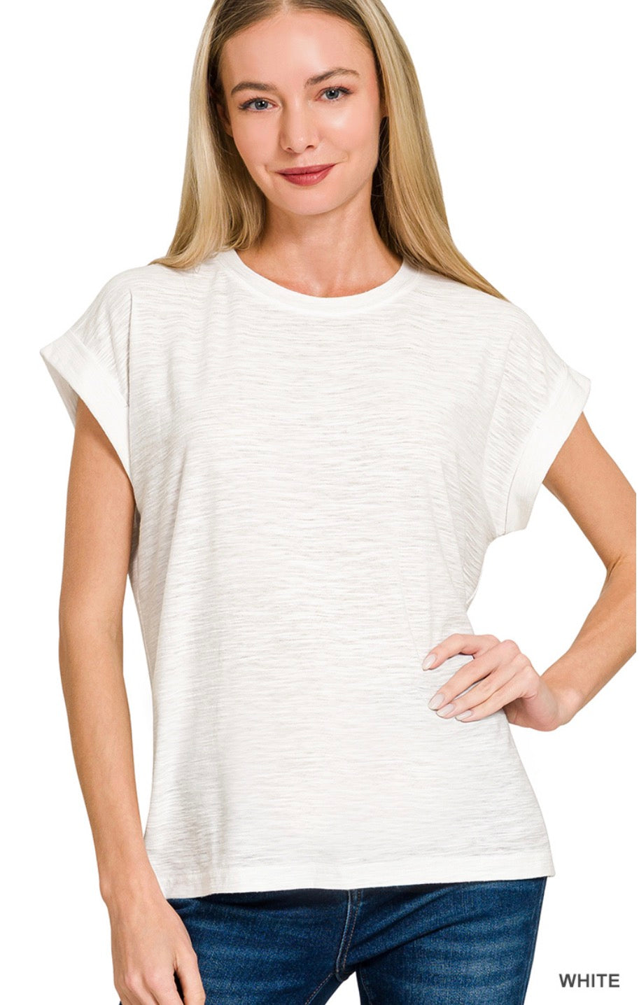 Slub cuffed sleeve tee- white