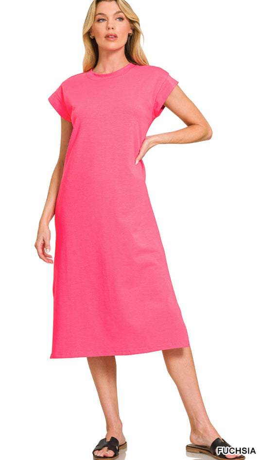 Round neck short sleeve midi dress- fuchsia