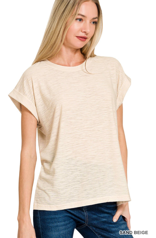 Slub cuffed sleeve tee- beige