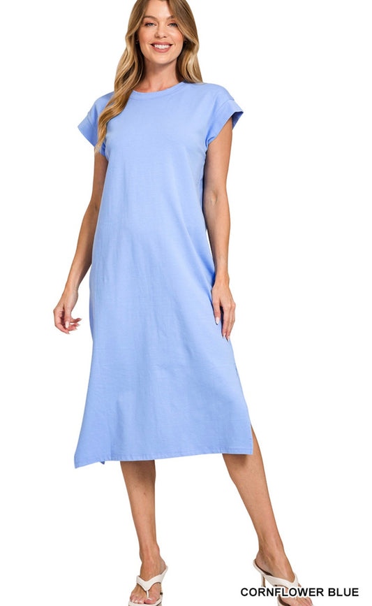 Round neck short sleeve midi dress- cornflower blue