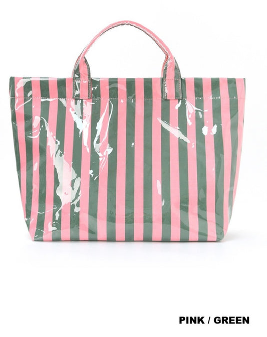 Large capacity striped pvc tote bag- pink/green