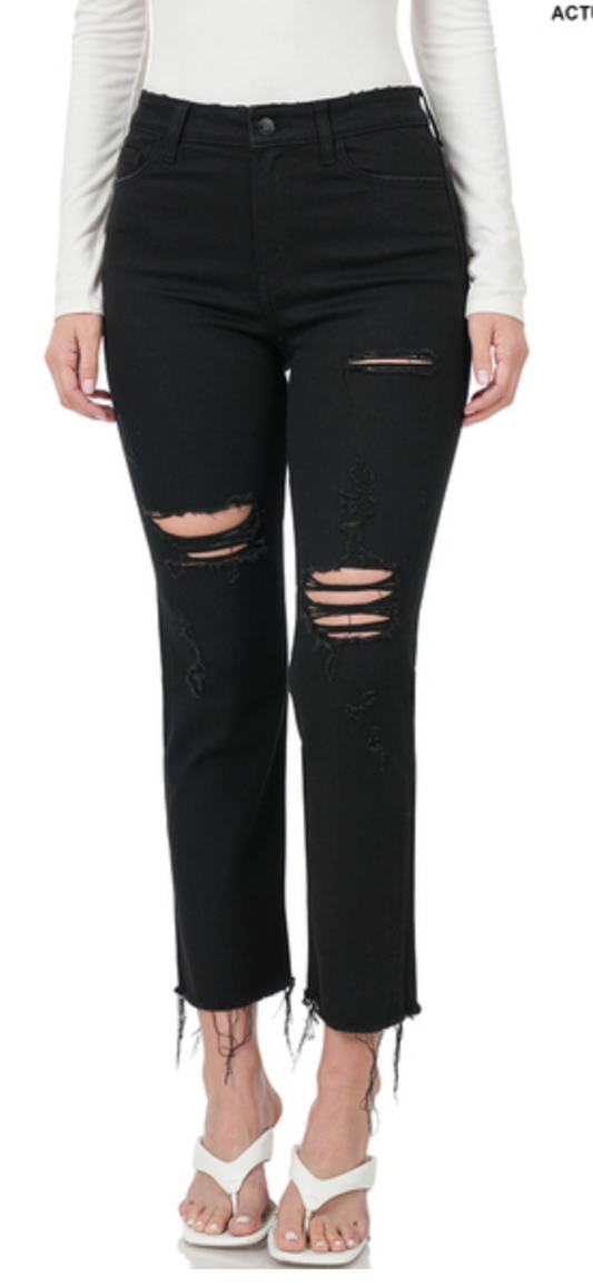 Distressed cropped denim- black