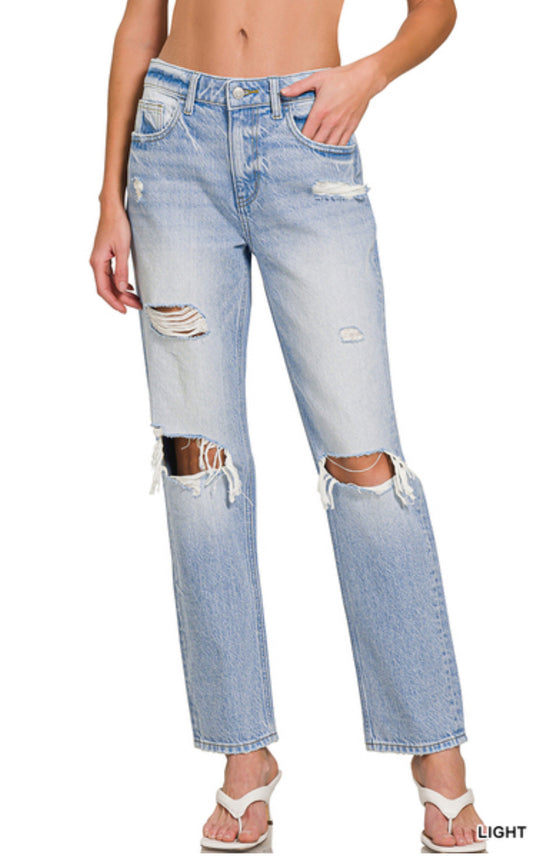 High rise distressed straight leg denim pants