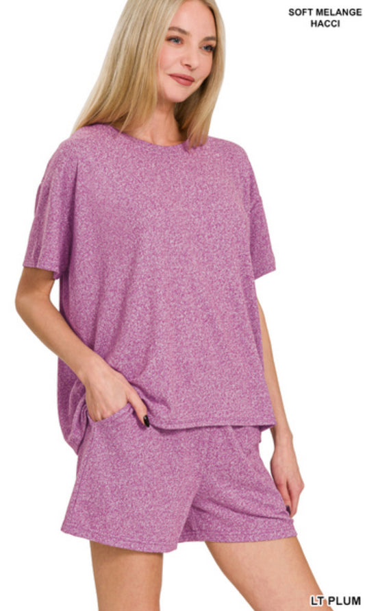 Soft Melange short sleeve & shorts set- Lt Plum