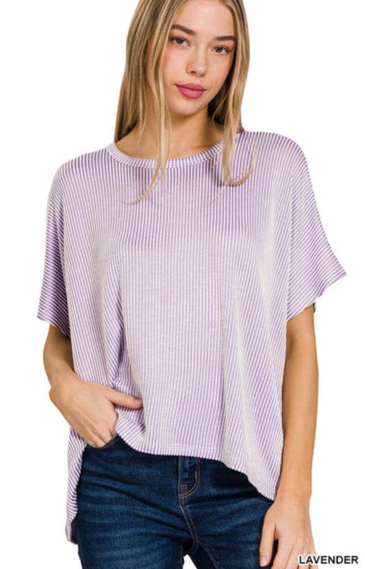 Ribbed striped oversize short sleeve top- Lavendar