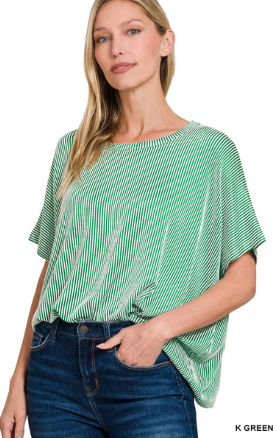 Ribbed striped oversized short sleeve top- Kelly Green