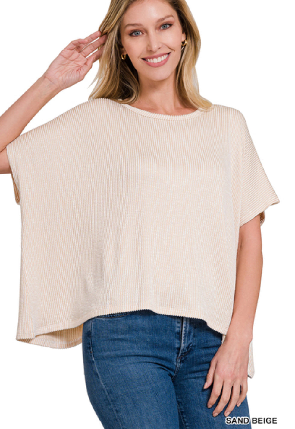 Ribbed striped oversized short sleeve top- sand beige