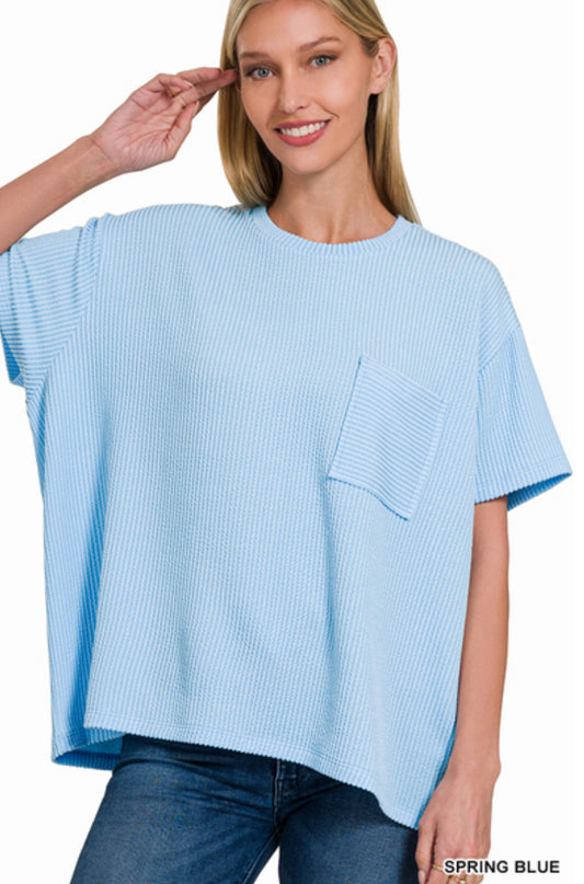 Corded rib short sleeve front pocket top- spring blue