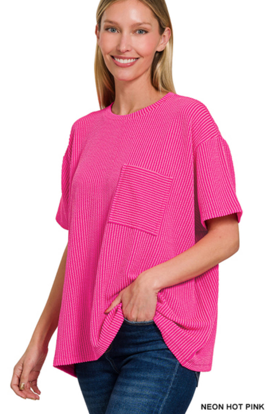 Corded Rib short sleeve front pocket top- neon hot pink