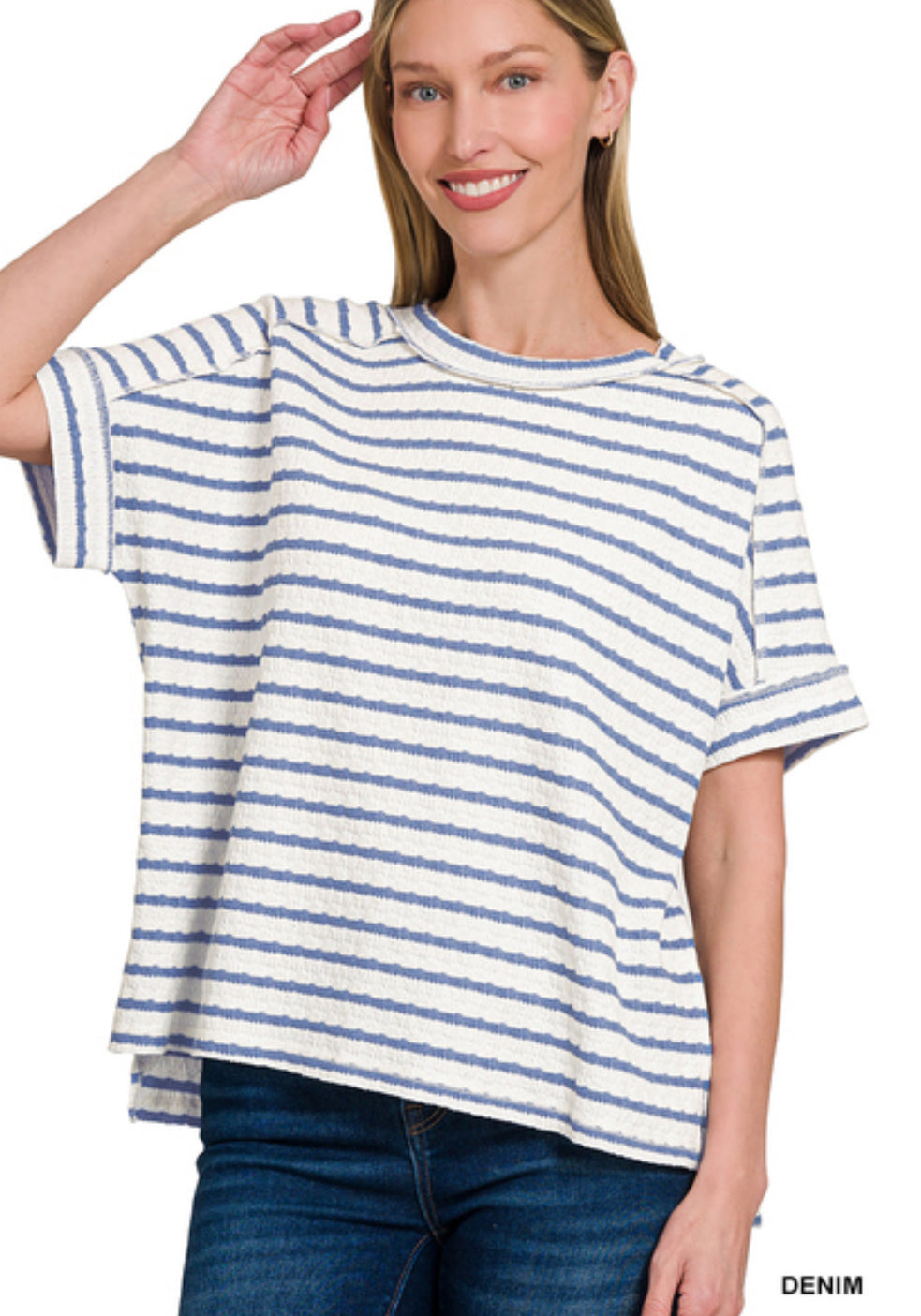 Stripe Jacquard Round Neck box tee- Denim