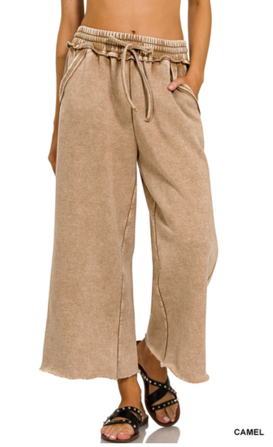 Acid wash fleece palazzo sweatpants with pockets- camel