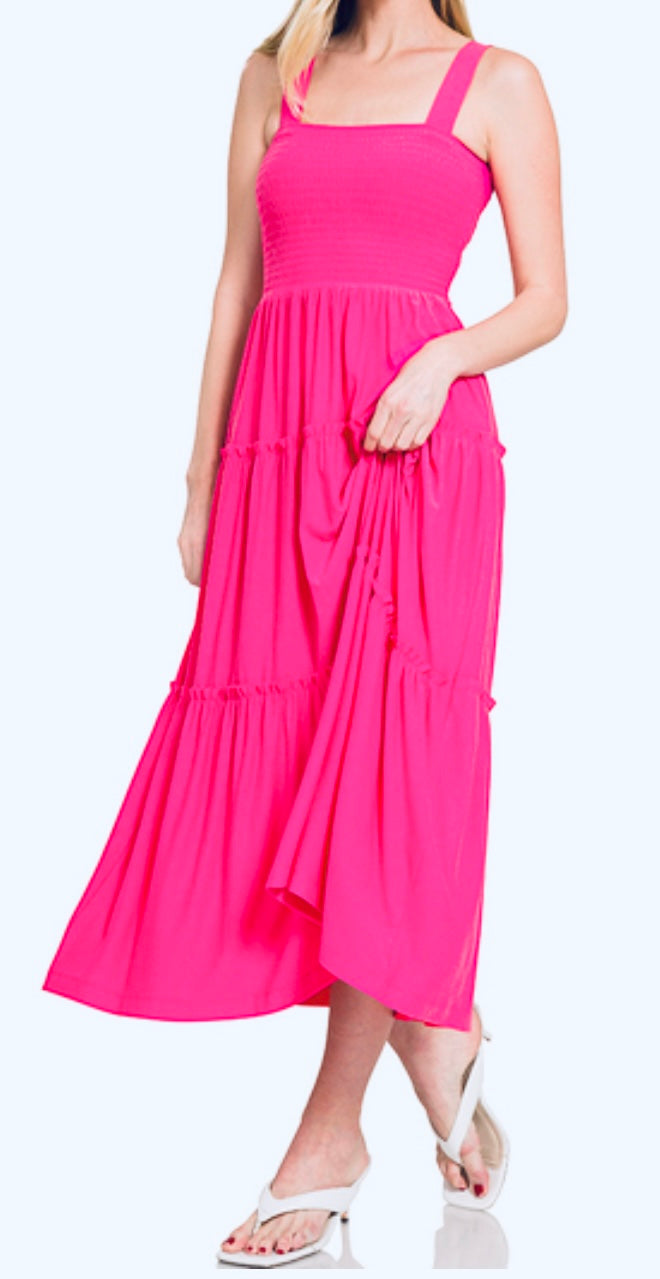 Smocked tiered midi dress- fushia