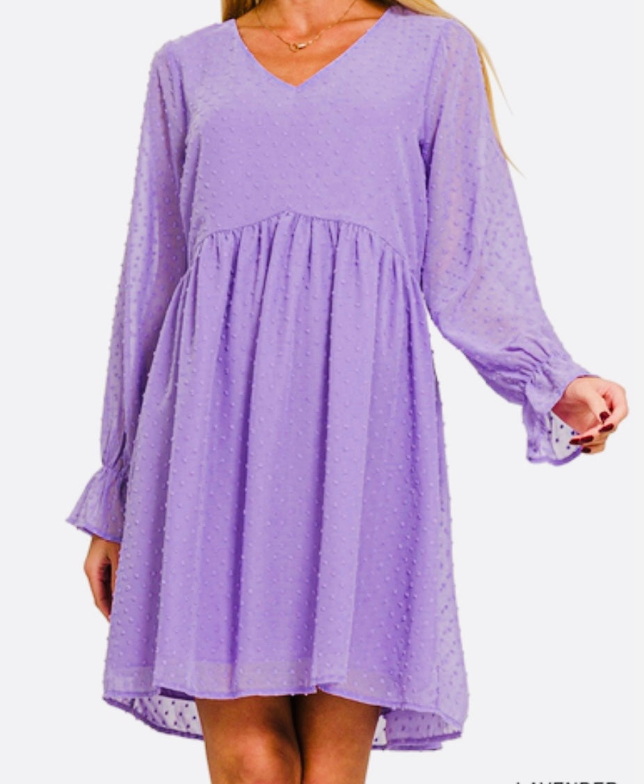 Swiss dot long sleeve V-neck dress- Lavender