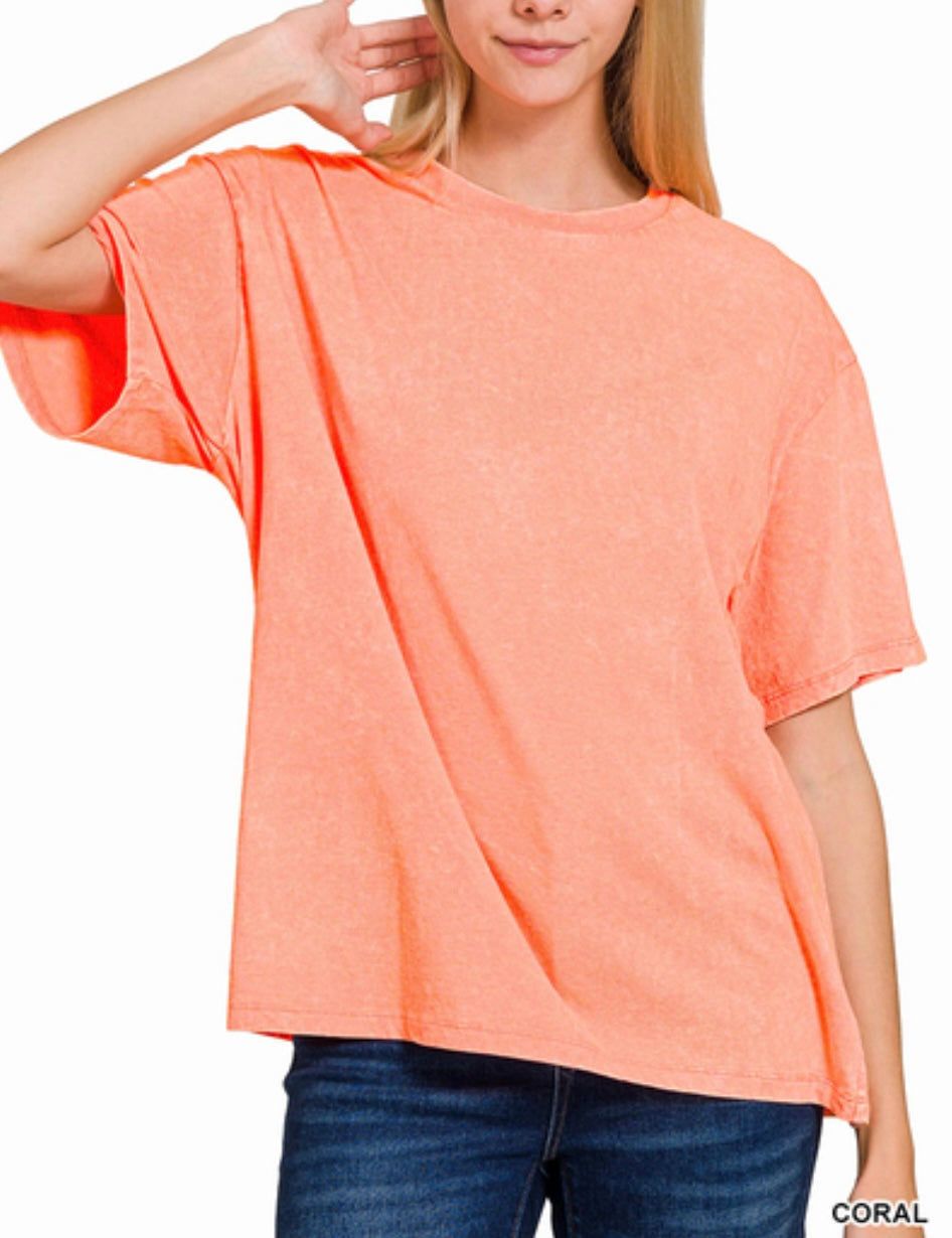 washed short sleeve top - coral