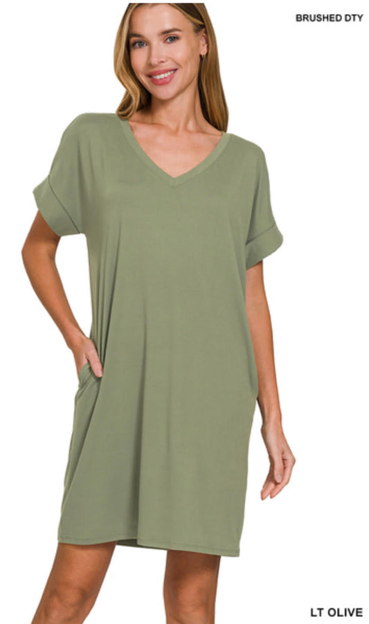 Brushed dty rolled short sleeve v-neck dress- Lt Olive